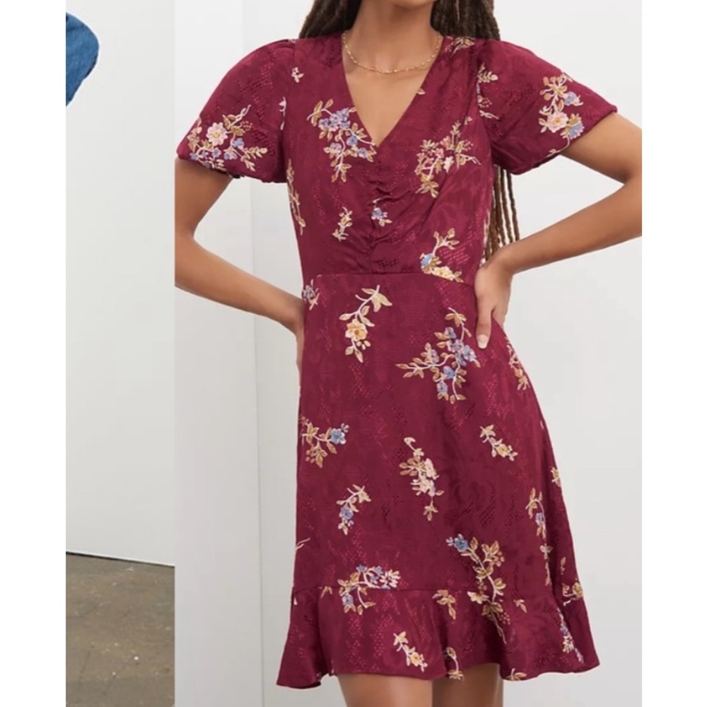 Anthropologie Burgundy Floral Mini Dress - Picture 1 of 5